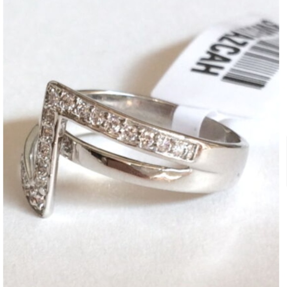 Silver Art Deco Cocktail Ring Size 6 7 9 Cubic Zirconia Rhodium Plated Geometric - Picture 6 of 7